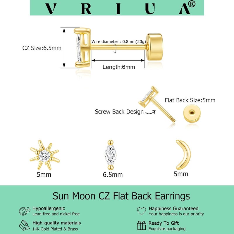VRIUA 20G Tiny Flat Back Earrings for Women - 14K Gold/Silver Plated Small Flat Back Stud Earrings Hypoallergenic Cartilage Helix Piercing Jewelry - Image 3